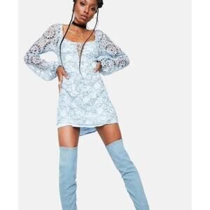 For Love & Lemons Clara Dress Blue Shimmer S Womens Sheer Lace Coquette NWT